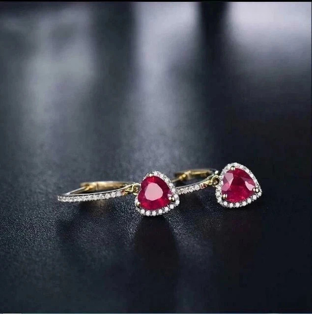 2Ct Heart Cut Lab Created Red Ruby Dangle Earrings 14K Yellow Gold Plated Silver