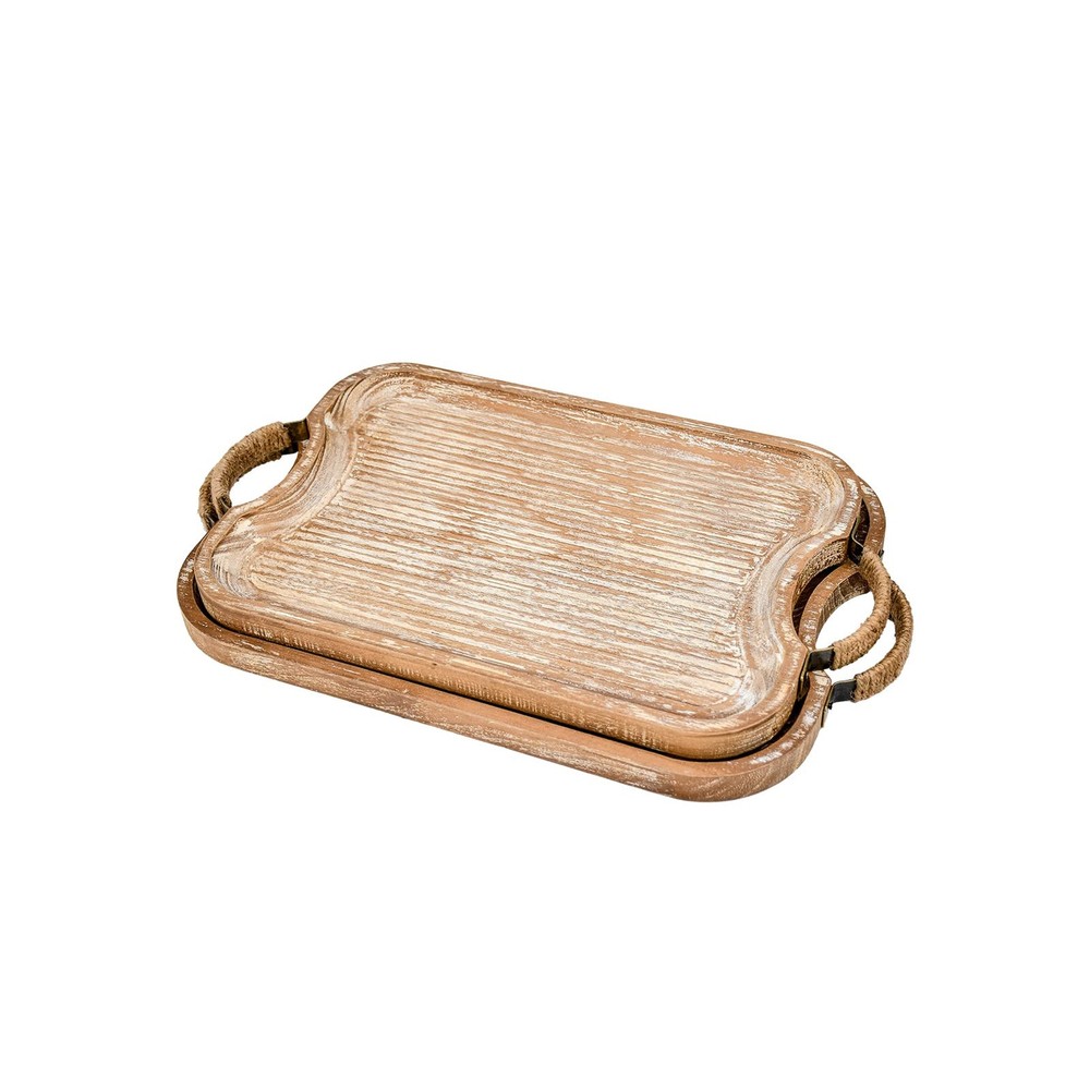 Rustic Wood Serving Tray Set w/ Metal Twine Handles - 2 Stackable Rectangular Tr