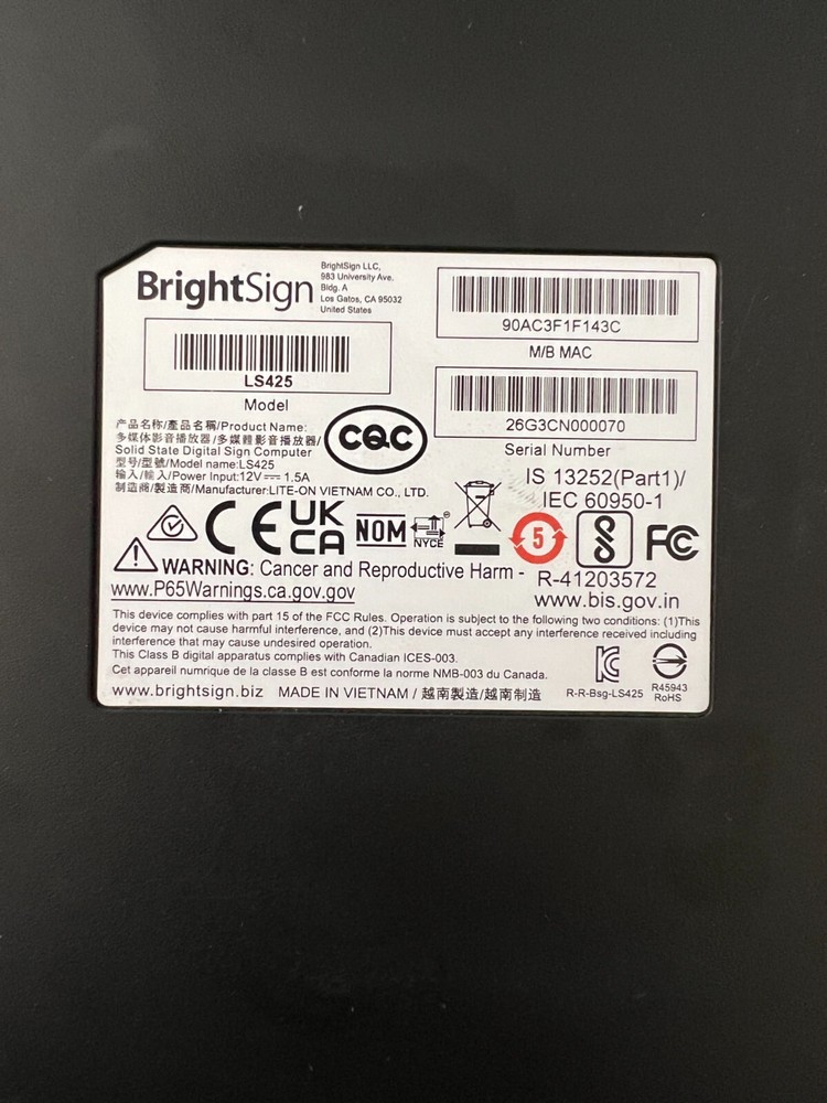 BrightSign LS5 Model LS425 Player/No Power Supply