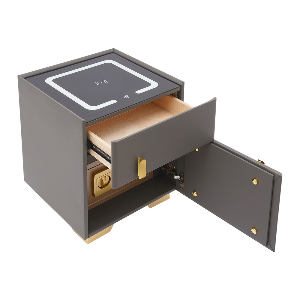Smart Nightstand w/Security Safe Lock Box, 3-Color Light,Wireless Charging USB