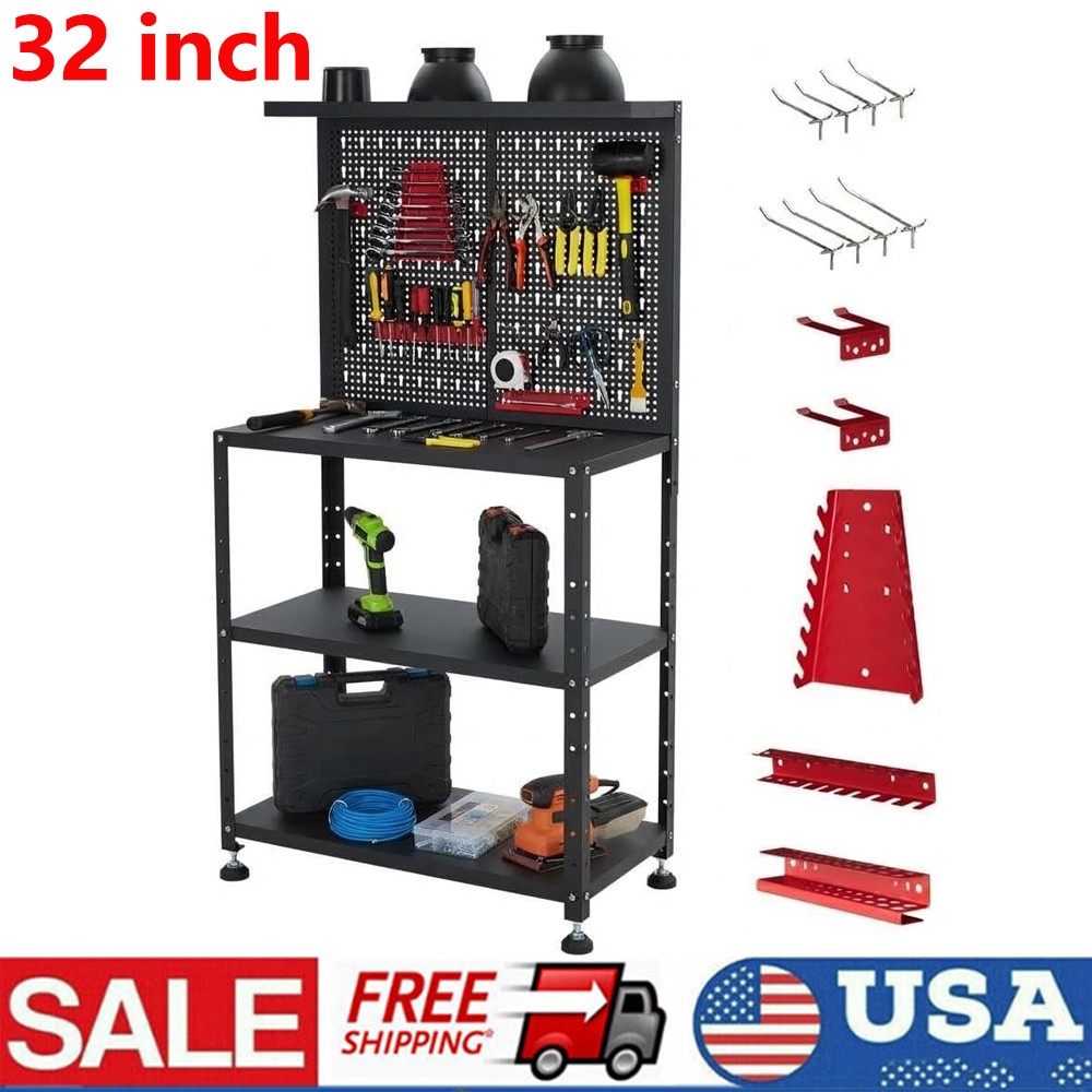 Multi-use Workbench w/ 2 Shelves Heavy-Duty Work Table Tool Storage Bench Black