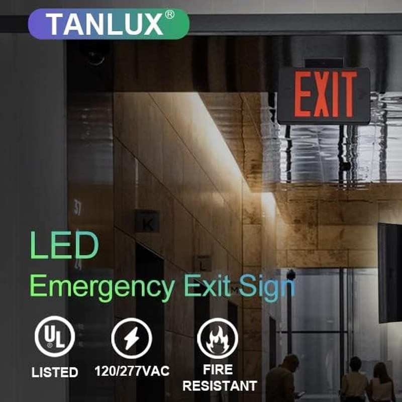 Red Exit Sign with Black Housing, LED Emergency Exit Light with Battery Backup,