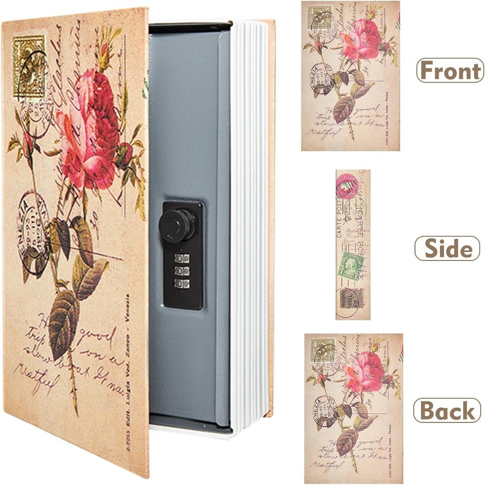 Decorative Book Safe Box with Combination Lock, Vintage Faux Code, ROSE