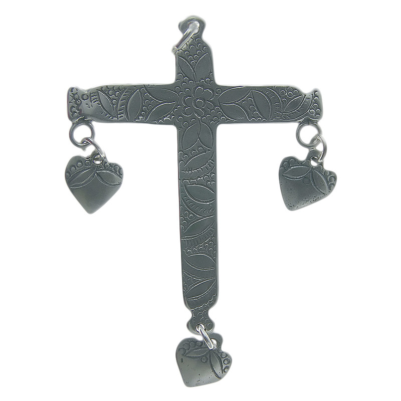Solid sterling silver GUATEMALAN HEART DANGLES CROSS (C-20)