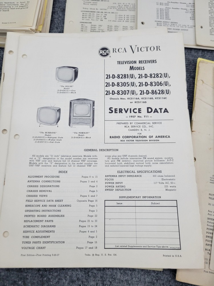 Vintage RCA Service Repair Technical Data Sheets Lot