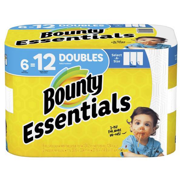 Bounty Essentials Strong Paper Towels, White, 6 pack Double Rolls = 12 Regular