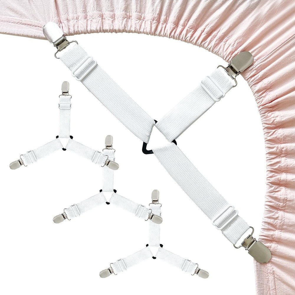Bed Sheet Straps, Upgrade Fitted Holders for Corners, White (4pcs)