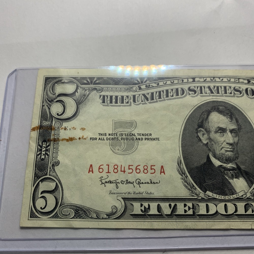 1963 $5 dollar red seal note A61845685a