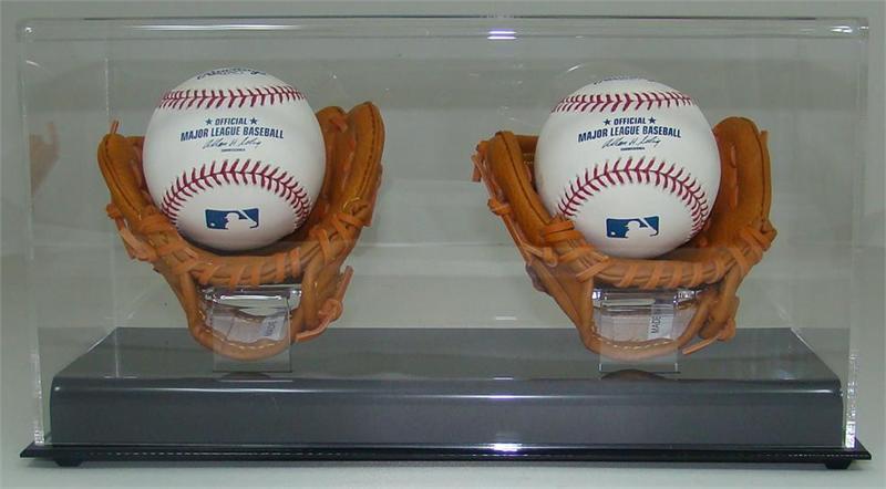 ACRYLIC DOUBLE (2) BASEBALL MINI GLOVE / MITT BALL DISPLAY CASE