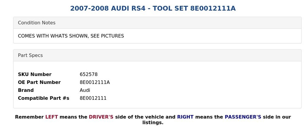 2007-2008 AUDI RS4 - TOOL SET 8E0012111A