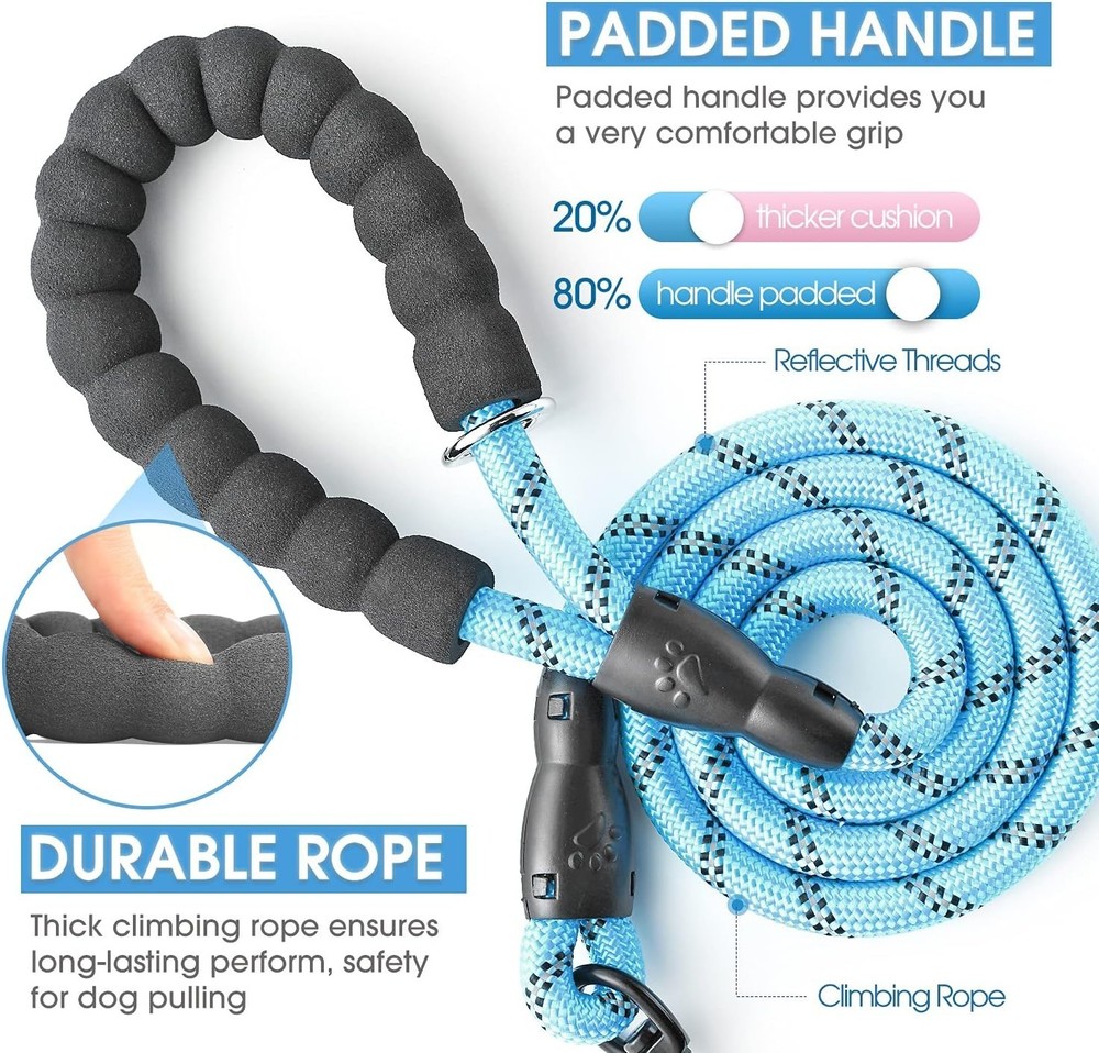 6FT Heavy Duty Dog Leash with Padded Handle & Reflective Threads - Blue
