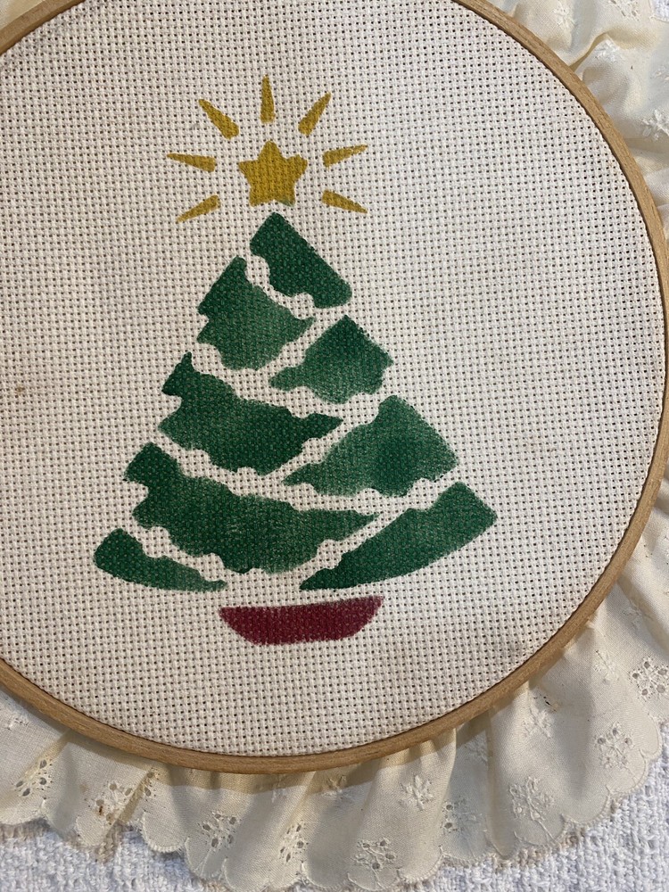 Vintage Hand Painted Christmas Tree on Needlepoint Canvas Embroidery Ring Framed