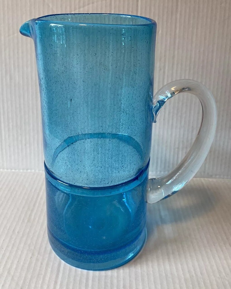 Sonoma Kitchen Hand Blown Blue Bubble Glass Pitcher Band Large
