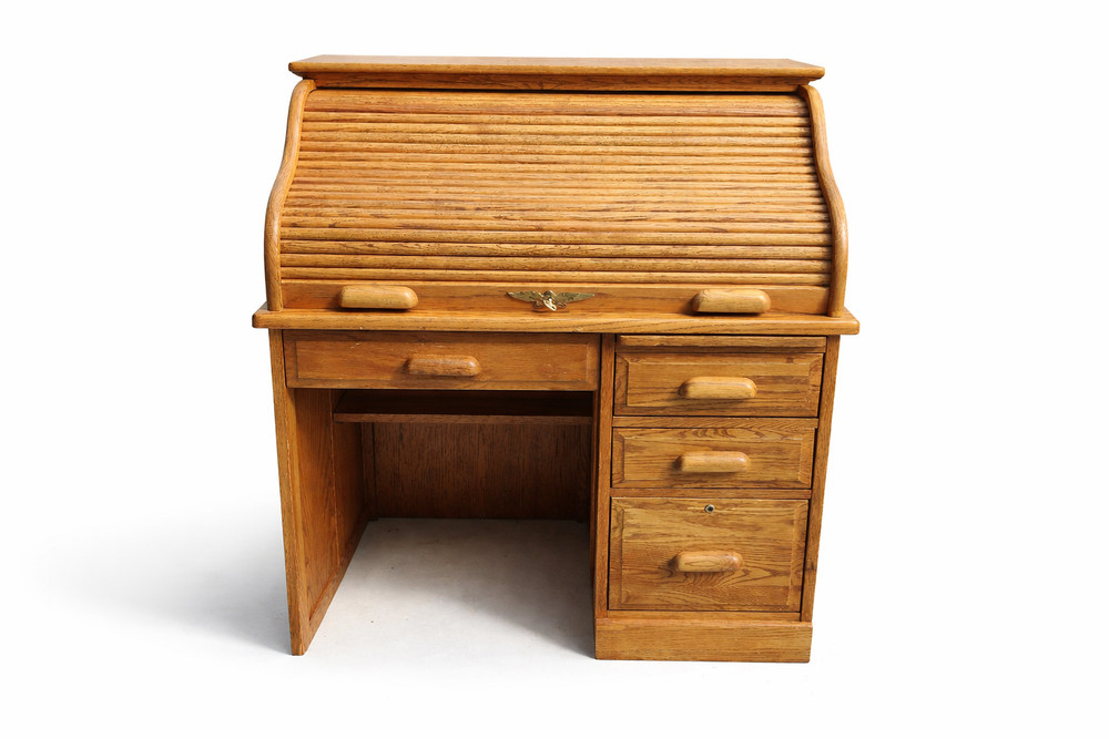 Vintage Small Eagle Craft Solid Oak Roll Top Desk Small Writing Desk w Drawers