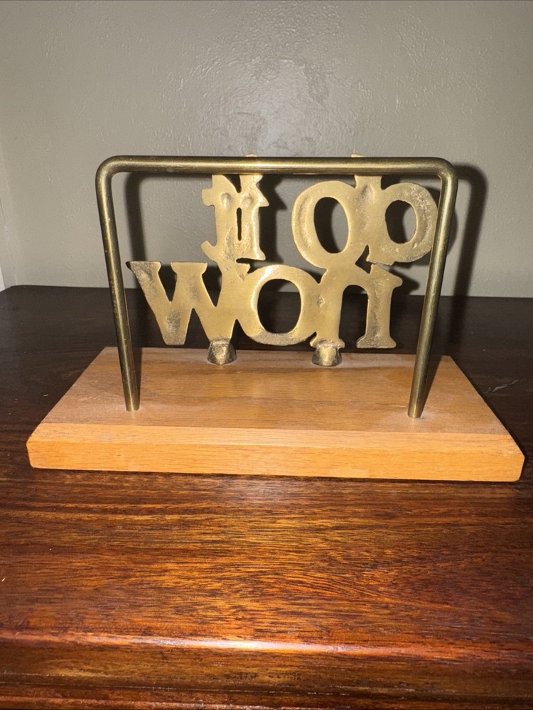 Vintage "Do It Now" Mail Holder in Solid Brass with Wood Oak Base
