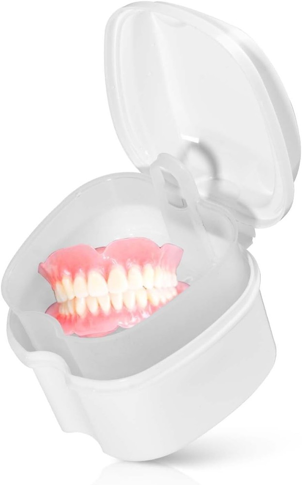 White Denture Bath Case Cup Box Holder Storage Soak Container with Strainer B...
