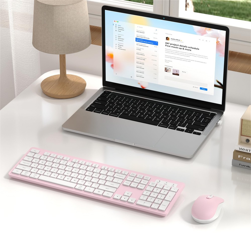 Wireless Keyboard Mouse Combo FullSize 104Key Numeric Keypad Pink White
