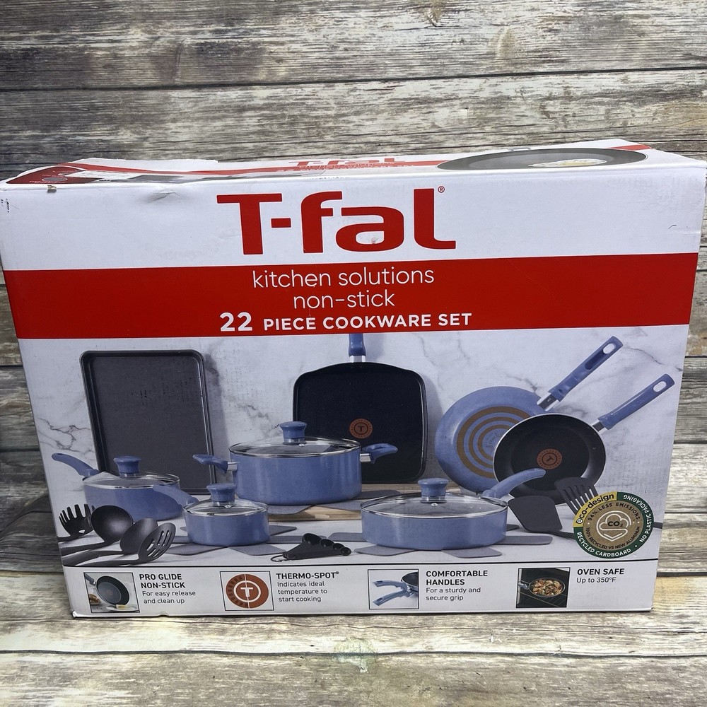 T-fal Kitchen Solutions Ceramic, 22 Piece Cookware Set, Blue *Open Box