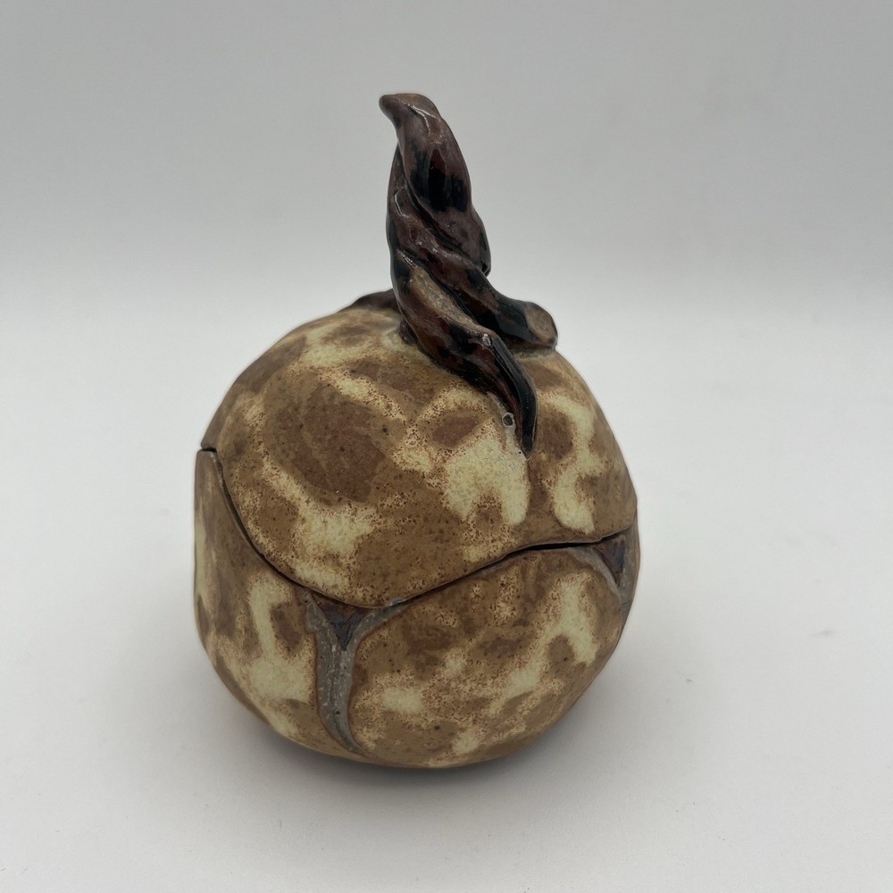 Stoneware Art Pottery Pumpkin Squash Lidded Dish Signed Sue Beige Brown 4” EUC