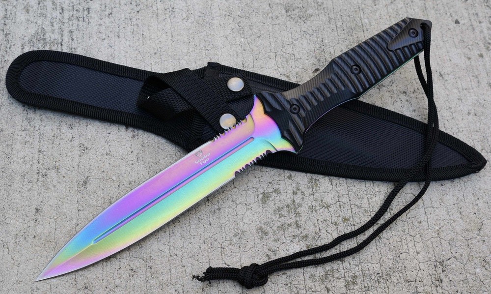 13” Fixed Blade Knife Rainbow Spear Double Edge Full Tang Sharp Spear Point