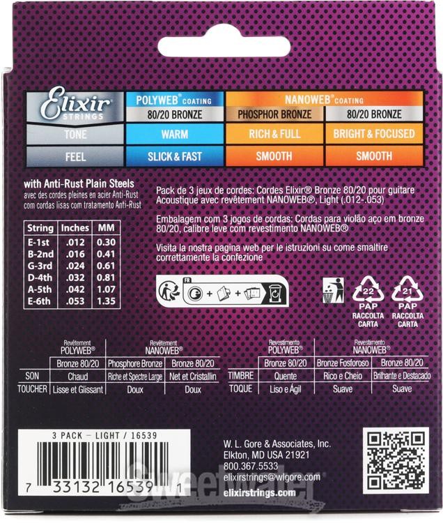 Elixir Strings 16539 Nanoweb 80/20 Acoustic Guitar Strings - .012-.053 Light