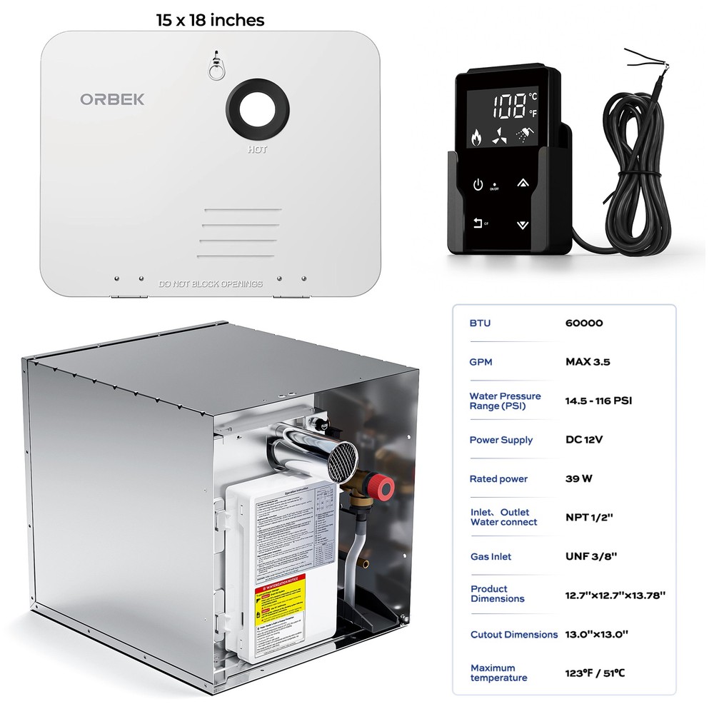 RV Tankless Water Heater Propane Gas 3.5 GPM 60,000 BTU with 15x18 inch Door