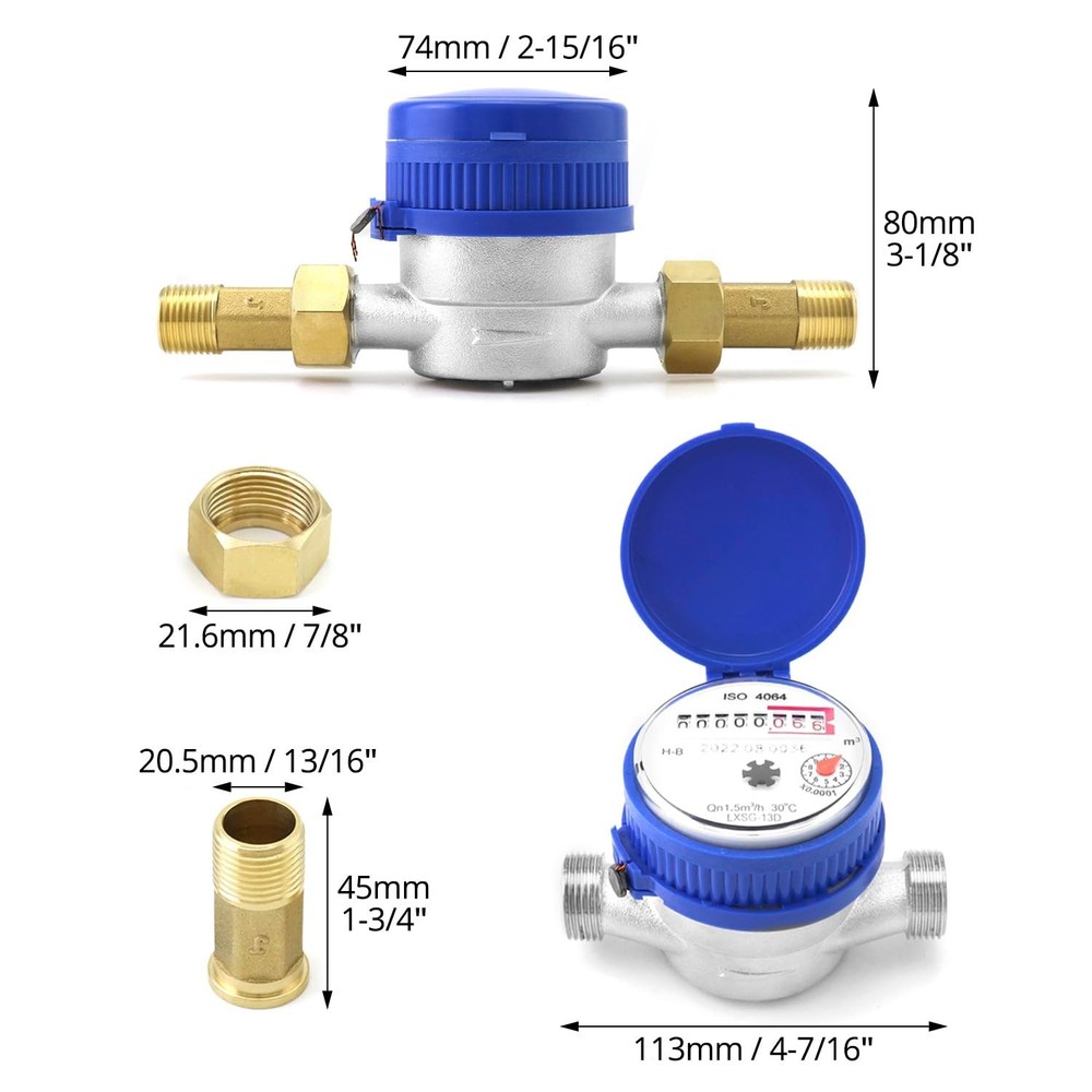 Water Meter 2 Pack, Cold Water Flow Meter with Pulse Output, 1/2" BSPT Thread...