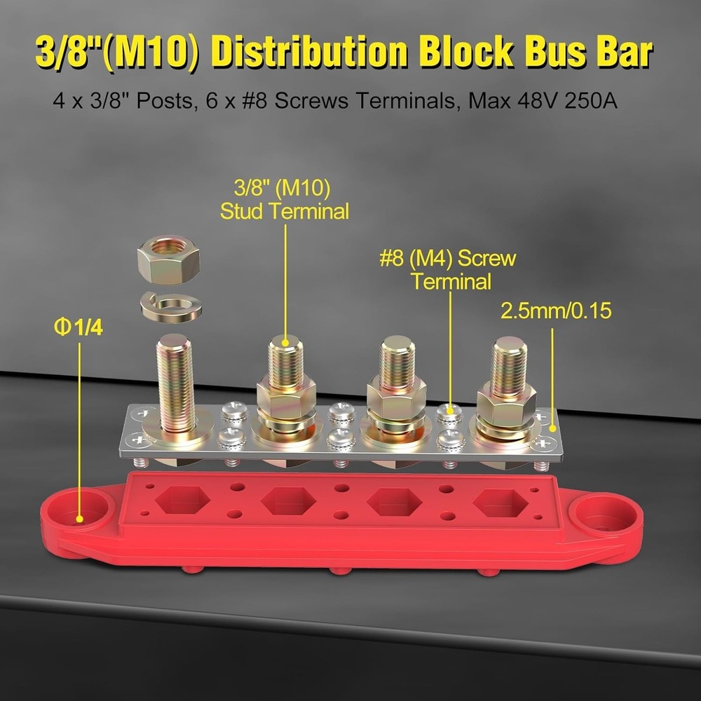 Power Distribution Block Bus Bar, 4x3/8" Posts