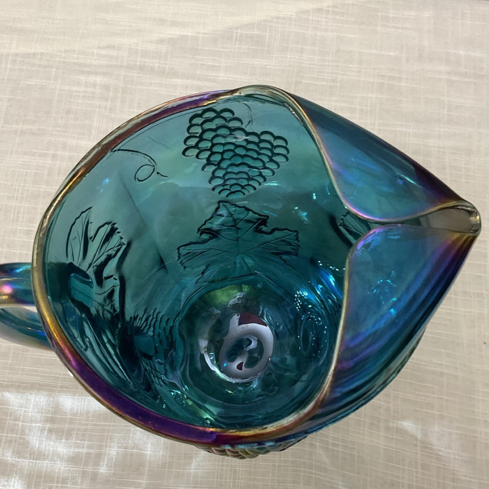 Indiana Blue Iridescent Carnival Glass Pitcher with Grape and Leaf Pattern