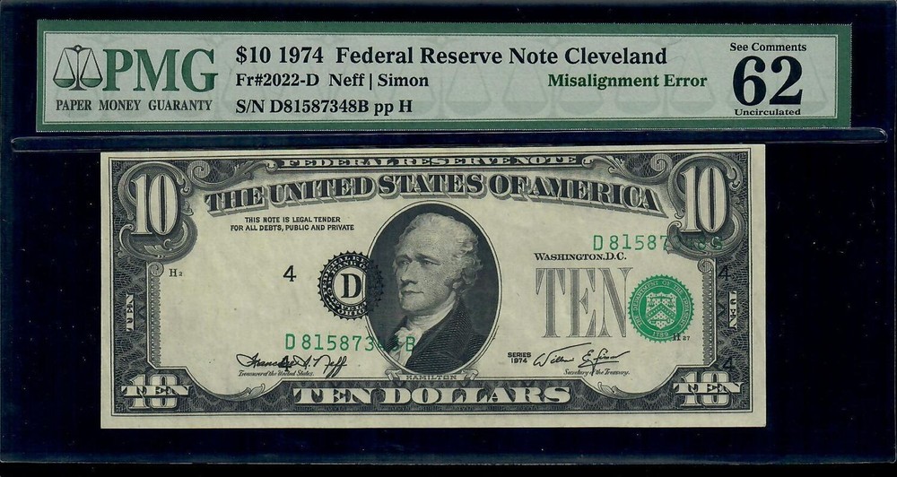 1974 $10 Federal Reserve Cleveland Misalignment Error note PMG 62 UNC