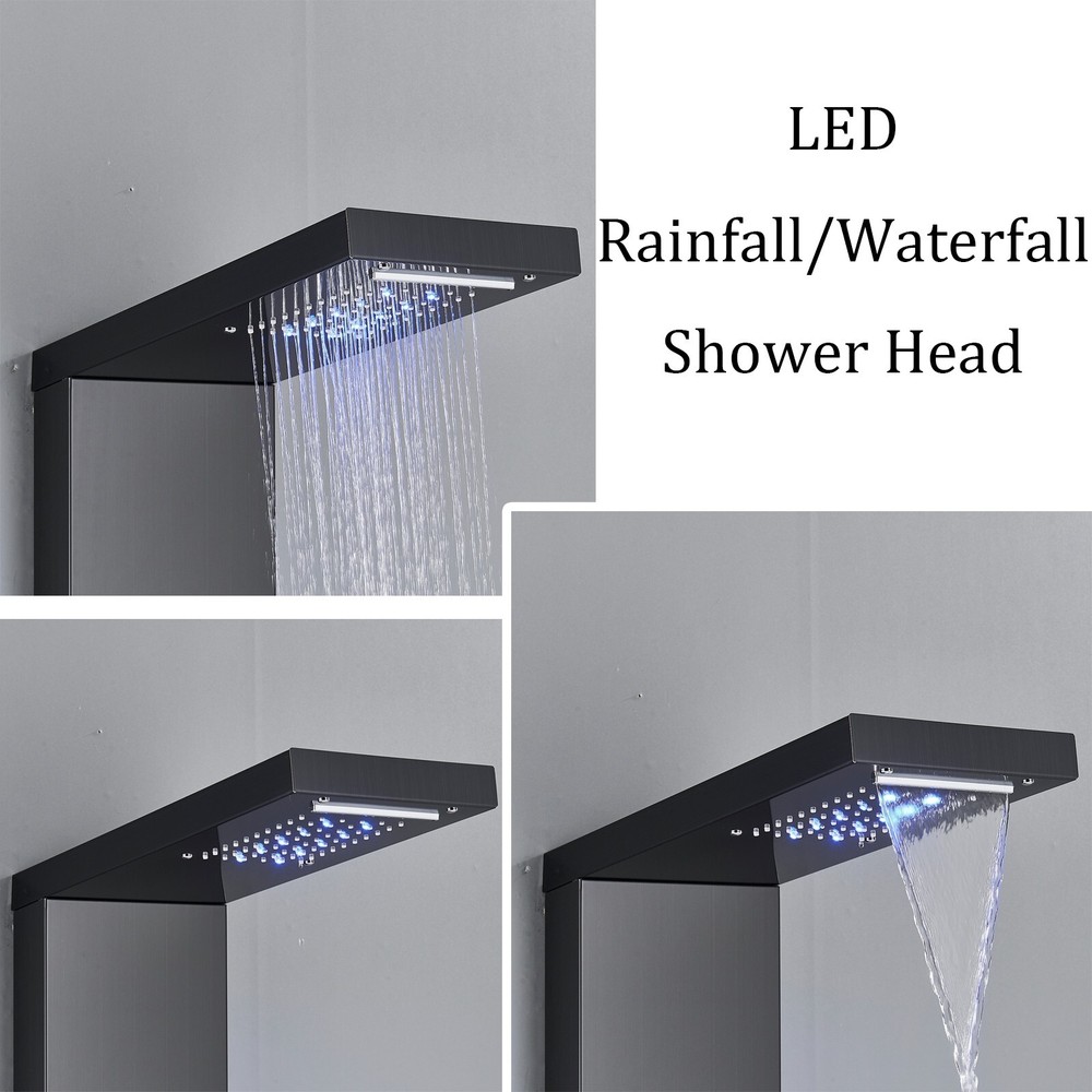 Matte Black LED Rainfall Waterfall Shower Panel Tower System Back Massage Jets
