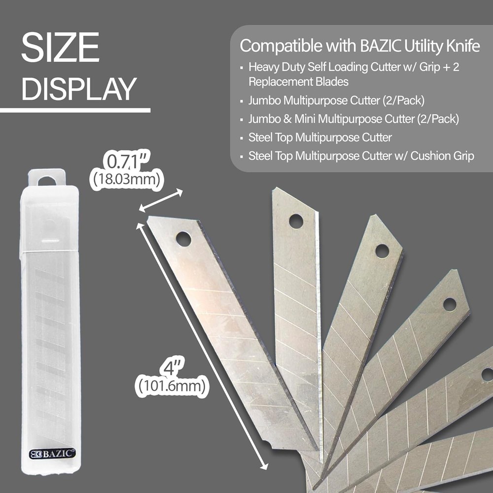 BAZIC 8-Count Replacement Blades for Utility Knives - Precision Cutting