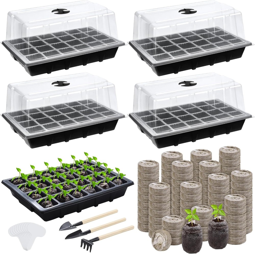 4 Sets Seed Starter Tray Kit Germination Starter Tray W/ Humidity Dome & Base