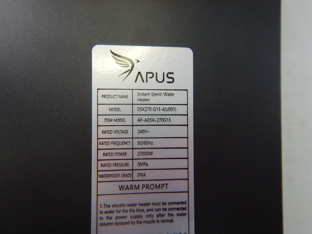 APUS 27kW, 240V On Demand Instant Hot Water, Water Heater