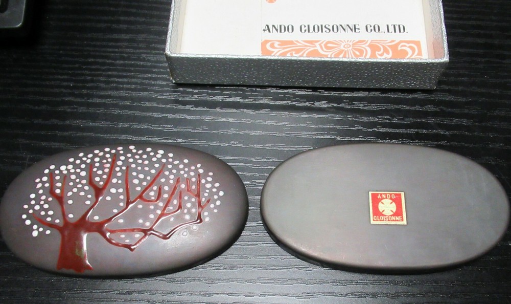 ANDO REPOUSSE CLOISONNE COPPER TREE DESIGN ENAMEL BOX WITH ANDO LABEL