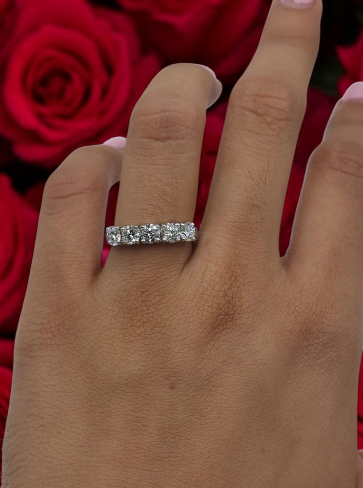 14k Solid Gold 5 Diamond Half Eternity Band, Lab Created Diamond 1.25ctw Ring