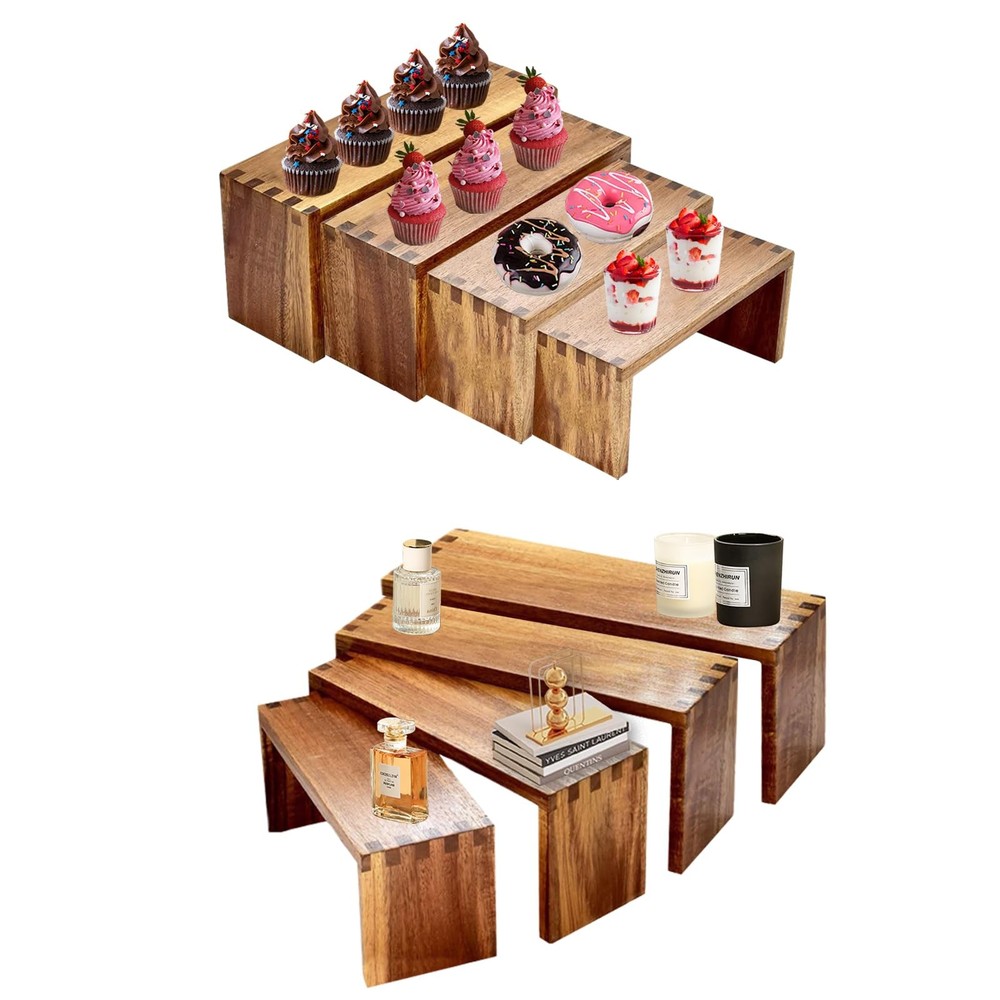8Pcs Wood Risers Display Stands 2 Set, 4 Tier Rectangular Spice Rack for Food...