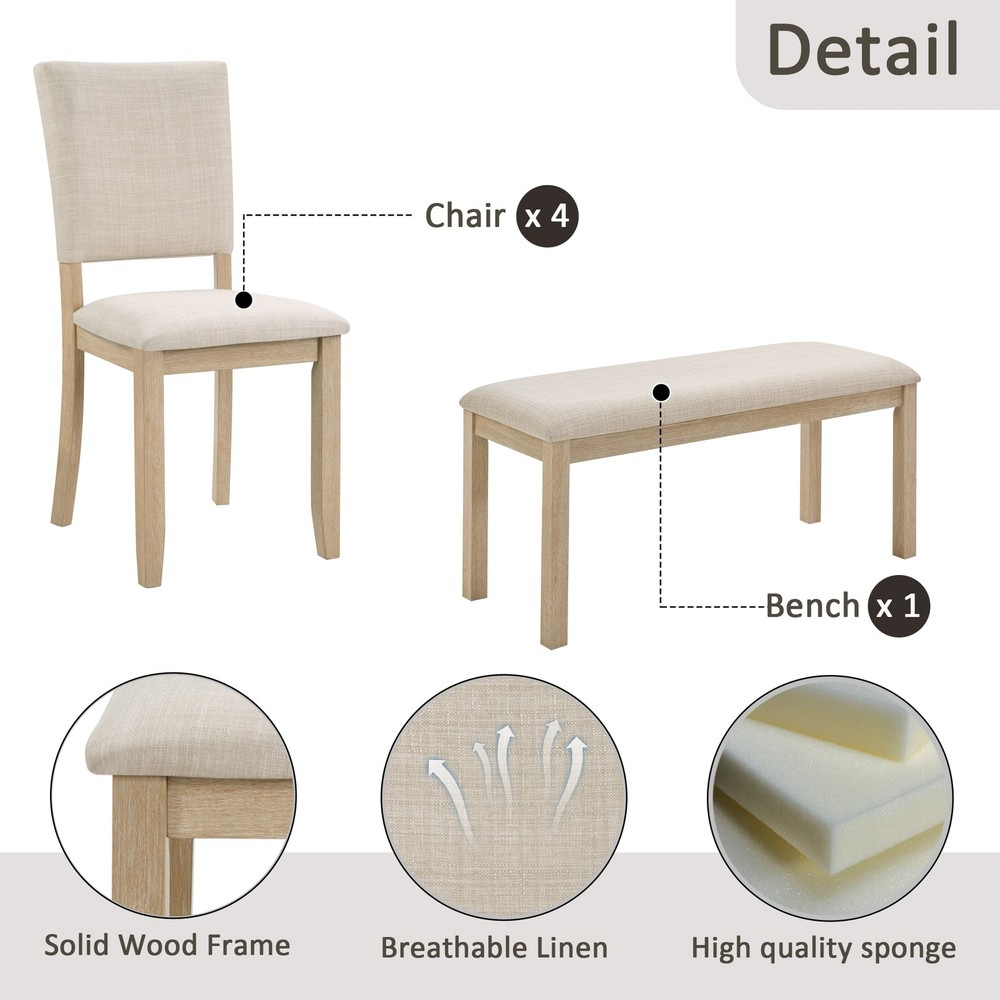 6Pcs Dining Table Set with Bench, Wooden Rectangular Kitchen Table Set Modern