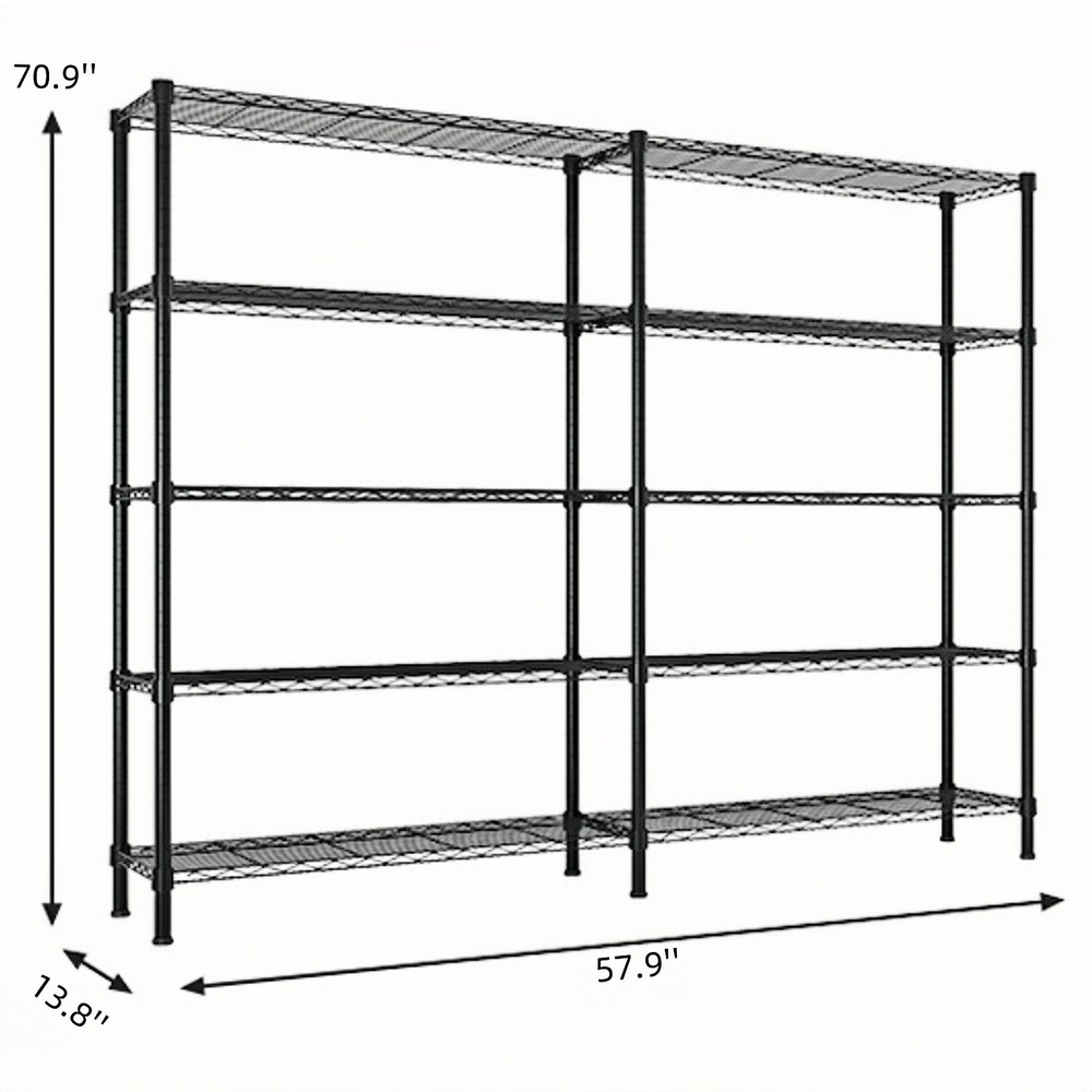 5-Tier Wire Shelving Unit 2-Column - Heavy Duty, Adjustable, Modular & Black