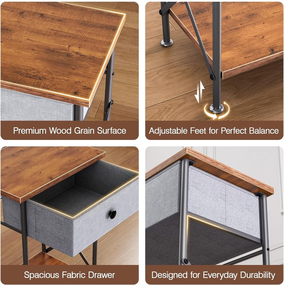Modern Compact Nightstand with Adjustable Metal Feet & Easy Clean Surface
