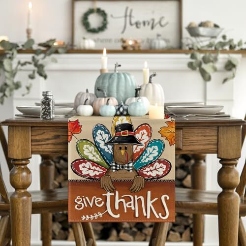 Turkey Give Thanks Thanksgiving Table Runner, 13" x 36", Table Runner Brown