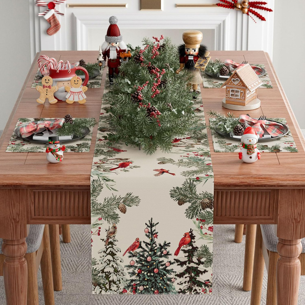 Cardinal Birds Winter Pine Tree Christmas Xmas Table Runner Table Decoration for
