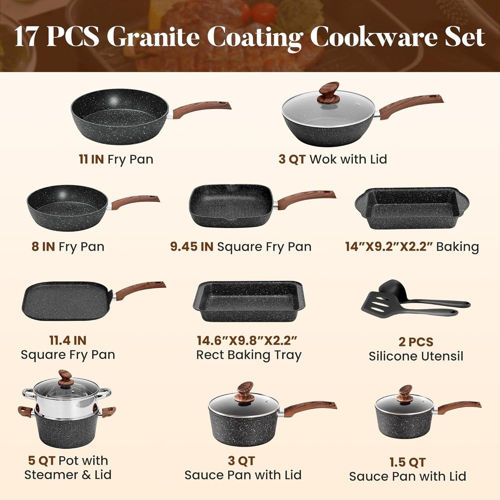 Kitchen Academy 17-Piece Induction Cookware Set, Nonstick Black Granite Pots