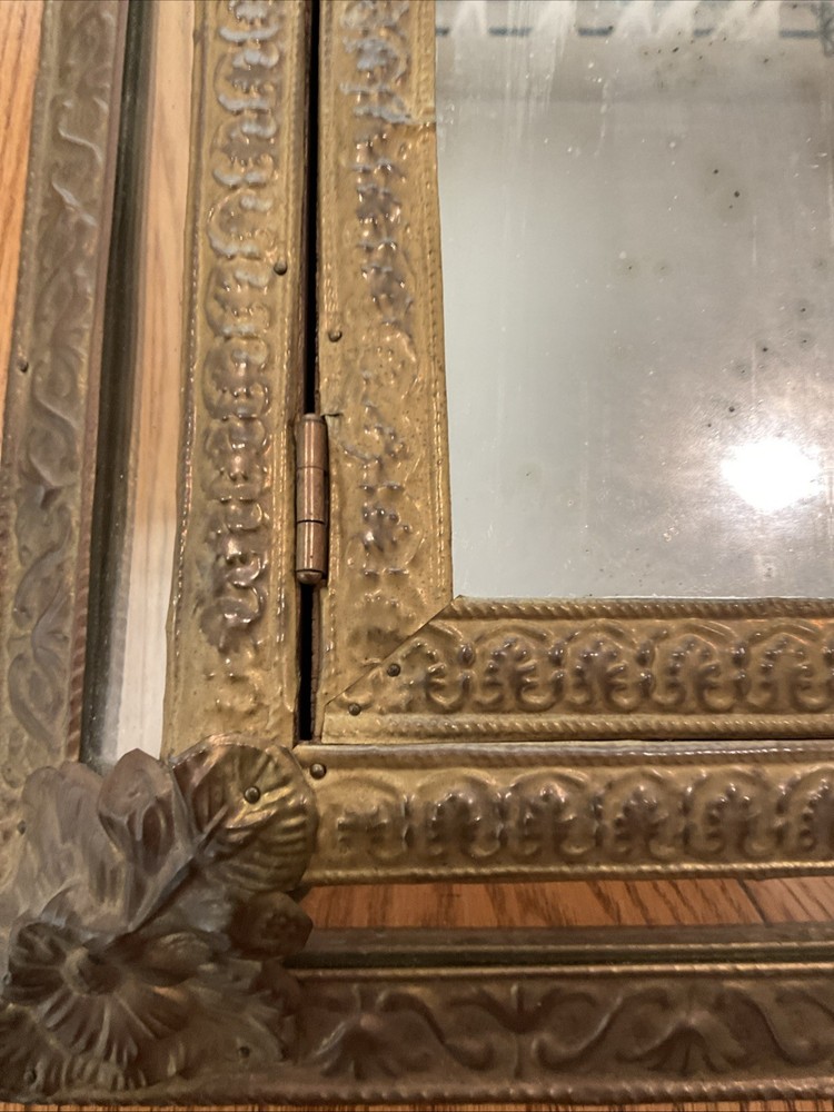 Vintage Embossed Brass Wall Mirror Brush Cabinet 24”