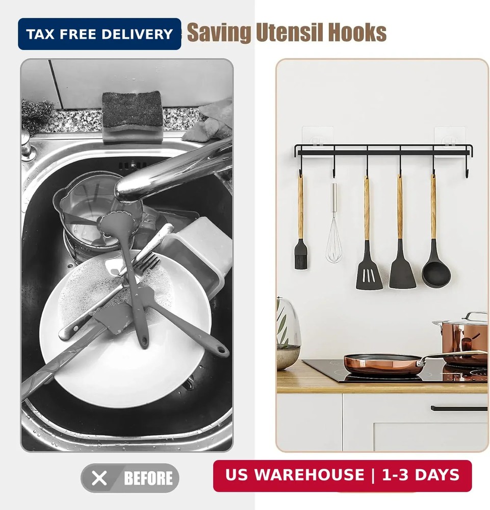 2 Pack No Drill Adhesive Rail with 12 Hooks Metal Organizer Kitchen Bathroom