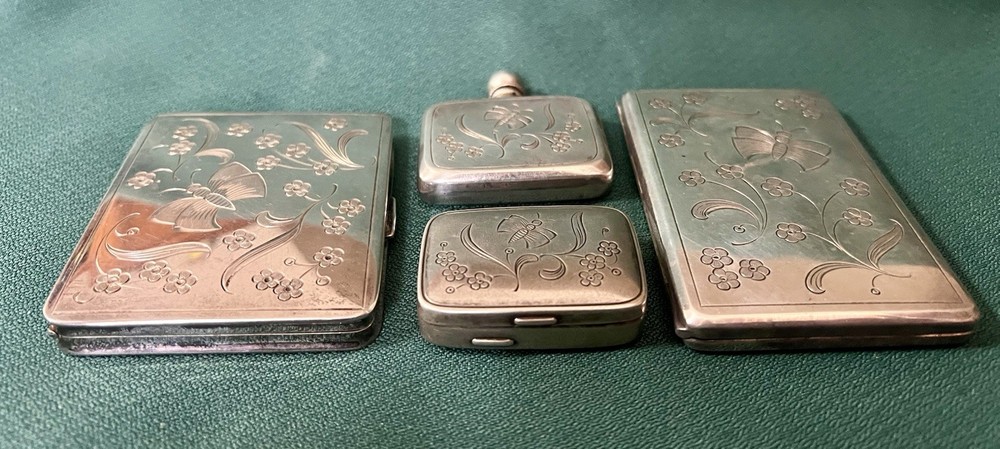 FABULOUS 835 SILVER 4 PIECE ETCHED CIGARETTE CASE COMPACT PERFUME PILL BOX SET
