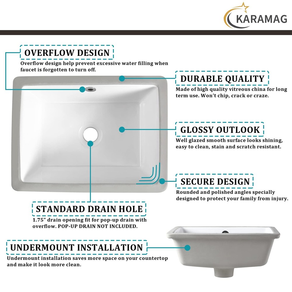 16 Inch Undermount Bathroom Sink Small Rectangle Undermount Sink White Cerami...