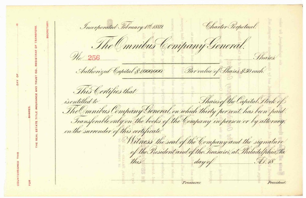 Omnibus Company General. Stock Certificate. Unissued