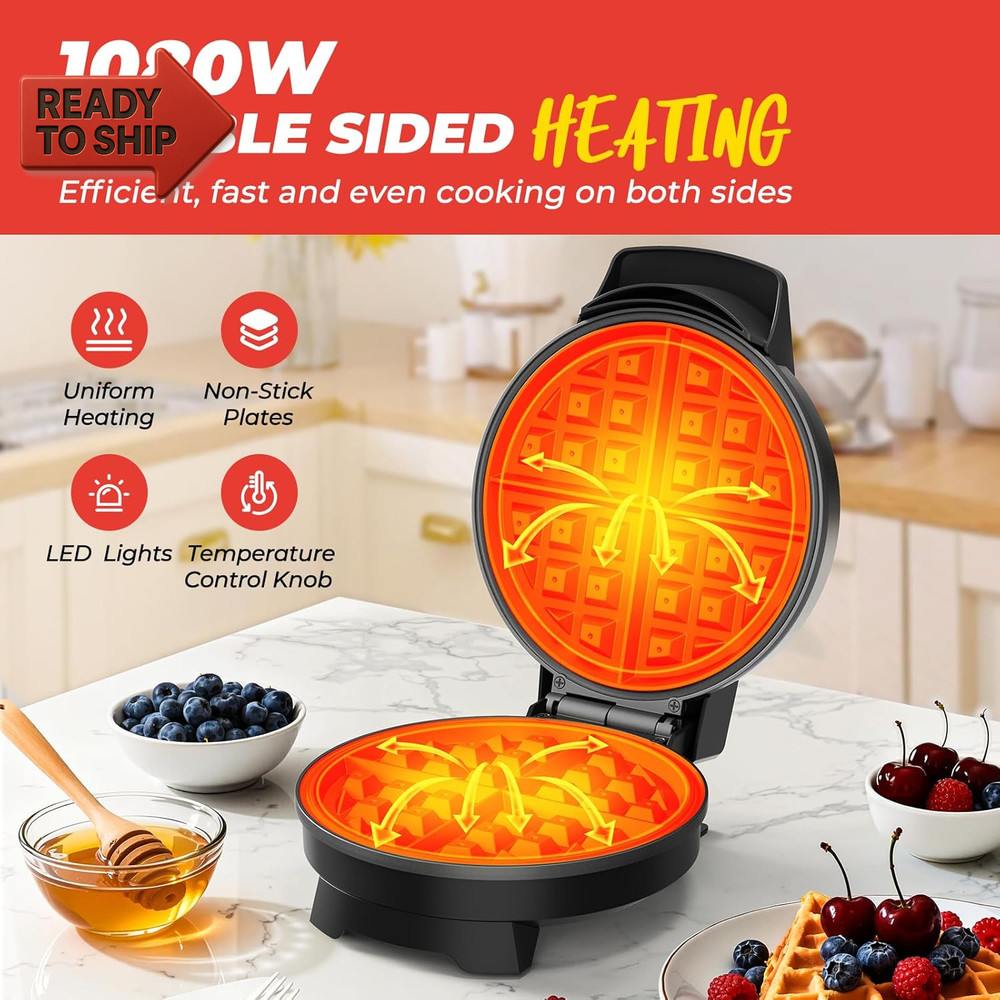 Waffle Maker, 7“ round Classic Belgian Waffle Iron, Adjustable Browning Control