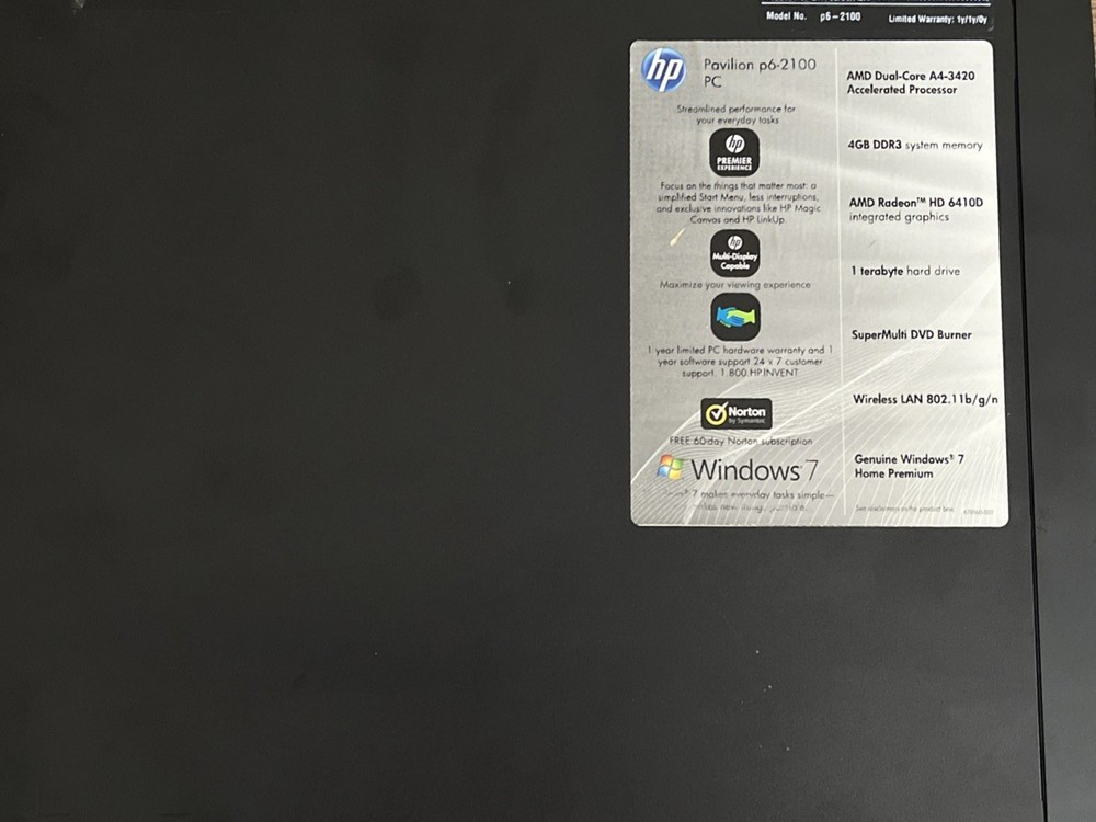 HP pavilion P6-2100 Desktop Case Only